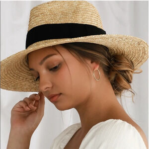 Brixton Joanna Hat Womens Medium Tan Straw Wide Brim Grosgrain Band Sun Hat